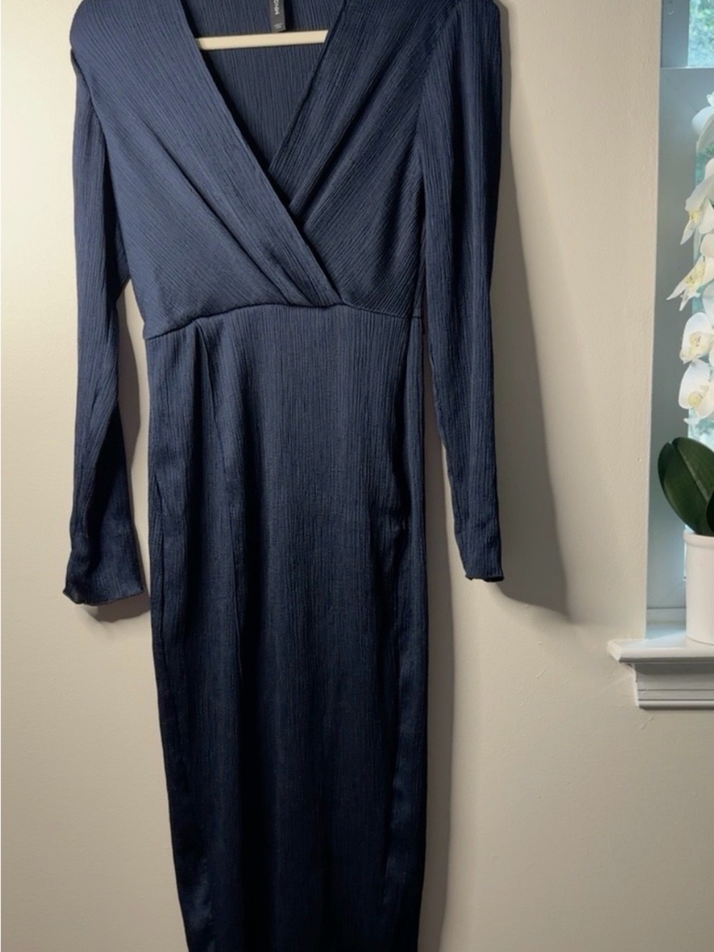 Mango Navy Blue Wrap Front Long Sleeve Midi Dress XS